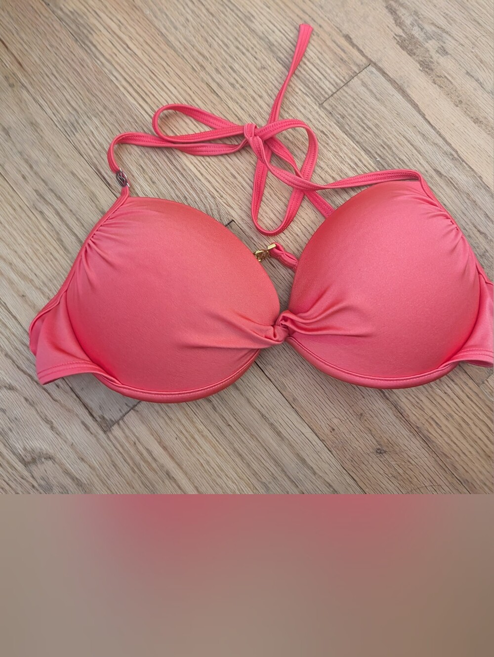 Victoria’s Secret Pink Coral Push Up Halter Bikini Top 36C Gold Logo Y2K